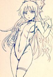  alternate_costume bare_legs bow breasts commentary_request covered_navel d-m_(dii_emu) eyelashes female fujiwara_no_mokou greyscale hairbow long_hair looking_at_viewer monochrome one-piece_swimsuit open_mouth swimsuit thigh_strap touhou traditional_media very_long_hair 