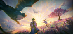  1boy bird bird_girl bird_legs bird_tail black_hair blue_capelet blue_hair blurry capelet cloudy.zy commentary depth_of_field dutch_angle english_commentary female final_fantasy final_fantasy_xiv flower flying grass head_wings hermes_(ff14) highres hood hood_down hooded_robe meadow meteion open_mouth outdoors outstretched_arms robe running scenery short_hair sky smile spread_arms standing tail tree wide_shot wings 