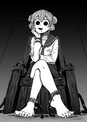  4shi :d arm_rest bags_under_eyes bare_legs barefoot breasts chair commentary_request crossed_legs dango-chan_(4shi) double_bun drooling feet female full_body greyscale hair_between_eyes hair_bun head_rest highres hollow_eyes horror_(theme) long_sleeves looking_at_viewer looking_down monochrome neckerchief on_chair open_mouth original restrained restraints rope_marks sailor_collar school_uniform serafuku shirt short_hair sitting skirt small_breasts smile solo strangulation_mark toenails toes 