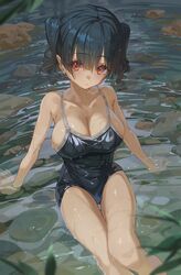  absurdres arm_support ass_visible_through_thighs bare_legs bare_shoulders black_hair black_one-piece_swimsuit blurry blurry_foreground borrowed_character breasts cleavage closed_mouth collarbone competition_school_swimsuit covered_navel depth_of_field expressionless feet_out_of_frame female gaki_kyonyuu hair_between_eyes highres hxxg large_breasts leaf long_bangs looking_at_viewer one-piece_swimsuit oppai_loli outdoors partially_submerged red_eyes rock sasaki_kanna_(kaedeko) school_swimsuit short_hair short_twintails sideboob sitting solo stream swimsuit taut_clothes thigh_gap thighs twintails undersized_clothes water wavy_hair wet wet_clothes wet_hair wet_swimsuit 