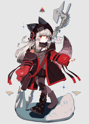  animal_ears arknights beanie black_footwear black_pantyhose blush boots breath commentary female fox_ears fox_girl fox_tail frostleaf_(arknights) full_body grey_background grey_hair halberd hat headphones implied_extra_ears jacket jewelry long_hair looking_at_viewer necklace pantyhose polearm red_eyes ryu_(17569823) simple_background solo tail walking weapon weapon_on_back 