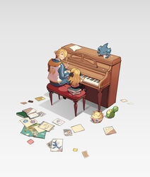  1boy absurdres aged_down blonde_hair book budew closed_eyes commentary cynthia_(pokemon) english_commentary female gible hair_ornament hand_up happy highres hood hood_down index_finger_raised instrument long_hair long_sleeves music norue paper photo_(object) piano playing_instrument playing_piano pokemon pokemon_(creature) pokemon_dppt pokemon_legends:_arceus shoes sitting smile time_paradox togepi upright_piano volo_(pokemon) white_background 