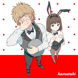  1boy animal_ears black_bow black_bowtie black_leotard blush bow bowtie breasts brown_hair detached_collar fake_animal_ears female fishnet_pantyhose fishnets hamazura_shiage jisoku_(168km1) large_breasts leotard pantyhose playboy_bunny rabbit_ears strapless strapless_leotard takitsubo_rikou toaru_majutsu_no_index tray waiter wrist_cuffs 