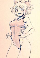  alternate_costume bare_arms bare_shoulders bow breasts commentary_request covered_navel d-m_(dii_emu) eyelashes female greyscale hairbow kurodani_yamame looking_at_viewer medium_hair monochrome one-piece_swimsuit open_mouth ponytail swimsuit touhou traditional_media 