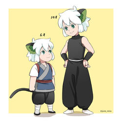  1boy age_comparison animal_ears bad_id bad_pixiv_id black_pants black_shirt cat_boy cat_ears cat_tail june_mina luo_xiaohei luo_xiaohei_(human) luo_xiaohei_zhanji pants shadow shirt short_hair short_sleeves simple_background sleeveless sleeveless_shirt tail white_hair yellow_background 