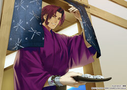  1boy bandages bracelet commentary_request curtains daifuku food ishitsu_kenzou japanese_clothes jewelry kimono long_sideburns male_focus medium_hair official_art plate purple_kimono red_hair short_sleeves sideburns smile tonbokiri_(touken_ranbu) touken_ranbu upper_body wagashi wide_sleeves yellow_eyes 