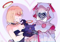  2girls bad_id bad_twitter_id blonde_hair blunt_bangs cloak cosplay halo highres hololive hololive_english hood hood_up little_roseus mask multiple_girls ninomae_ina&#039;nis ninomae_ina&#039;nis_(cosplay) personification pink_hair sleeves_past_fingers sleeves_past_wrists takodachi_(ninomae_ina&#039;nis) virtual_youtuber wahtcher_(ninomae_ina&#039;nis) watson_amelia white_cloak 