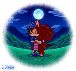  2021 animal_crossing anthro apron apron_only black_nose border bottomwear brown_body brown_fur brown_hair checkered checkered_clothing checkered_hat checkered_headgear checkered_headwear checkered_shirt checkered_topwear circle clothing cloud duo eulipotyphlan eyelashes eyeshadow female footwear forest freckles full_moon fur grass guywiththepie hair happy hat headgear headwear hedgehog hug human leg_markings light love makeup male male/female mammal markings moon moonlight mostly_nude nintendo pattern_apron pattern_clothing pattern_hat pattern_headgear pattern_headwear pattern_shirt pattern_topwear plaid plaid_apron plaid_clothing plant sable_able shirt shoes shorts sky slightly_chubby slightly_chubby_female smile socks socks_(marking) star starry_sky striped_markings striped_tail stripes tail tail_markings tan_body tan_fur thick_thighs topwear tree villager_(animal_crossing) 