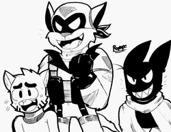  anthro black_and_white bodily_fluids cape cartoon_network chance_furlong clothing domestic_cat eyebrows felid feline felis fur gloves group gumball_watterson handwear hanna-barbera hi_res male mammal mao_mao:_heroes_of_pure_heart markings monochrome open_mouth open_smile raynape80 sharp_teeth sheriff_mao_mao_mao smile swat_kats sweat teeth the_amazing_world_of_gumball tongue trio 