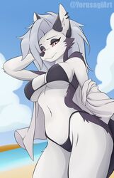  2023 anthro arm_tuft beach bikini black_bikini black_clothing black_nose black_swimwear breasts canid canid_demon canine clothed clothing demon digital_media_(artwork) ear_piercing ear_ring elbow_tuft eyelashes female fur grey_body grey_fur grey_hair hair hellhound helluva_boss hi_res highleg_bikini highleg_bottomwear inner_ear_fluff long_hair looking_at_viewer loona_(helluva_boss) mammal mythological_canine mythological_creature mythology navel piercing red_sclera ring_piercing seaside shoulder_tuft silver_hair skimpy solo swimwear tuft under_boob white_body white_eyes white_fur yorusagi 