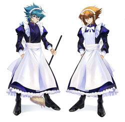  2boys absurdres alternate_costume apron black_footwear black_legwear blue_eyes blue_hair blue_shirt broom brown_eyes brown_hair closed_mouth crossdressing enmaided full_body grin hair_between_eyes hand_in_pocket hands_in_pockets highres holding holding_broom johan_andersen long_hair long_sleeves looking_at_viewer maid male_focus male_maid mary_janes multicolored_hair multiple_boys natsukusa_(hacho129) shirt shoes simple_background smile two-tone_hair white_apron white_background yu-gi-oh! yu-gi-oh!_gx yuki_judai 