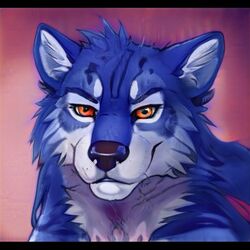  anthro artbreeder black_nose blue_body blue_fur canid canine canis fur male mammal monotone_background orange_eyes smile smiling_at_viewer sylin_raith sylin_raith(artist) wolf 