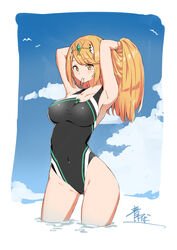  absurdres alternate_costume aotsuba black_one-piece_swimsuit blonde_hair breasts chest_jewel competition_swimsuit female highleg highleg_swimsuit highres large_breasts long_hair mythra_(xenoblade) one-piece_swimsuit solo swept_bangs swimsuit very_long_hair xenoblade_chronicles_(series) xenoblade_chronicles_2 yellow_eyes 