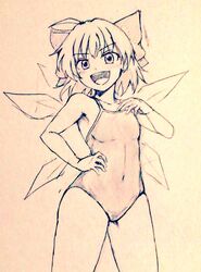  ahoge alternate_costume bare_legs bow breasts cirno commentary_request covered_navel cowboy_shot d-m_(dii_emu) eyelashes fairy female greyscale hairbow hand_on_own_chest hand_on_own_hip ice ice_wings looking_at_viewer monochrome one-piece_swimsuit open_mouth short_hair swimsuit touhou traditional_media v-shaped_eyebrows wings 