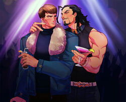  2boys artist_name bar_(place) bara beard belt biceps black_hair blue_eyes blush bracelet brown_hair chair collar cup drinking_glass drinking_straw facial_hair falloutbart food fruit garen_(league_of_legends) hand_on_another&#039;s_shoulder indoors jacket jewelry league_of_legends lemon lemon_slice light long_hair long_sleeves looking_at_another male_focus mature_male multiple_boys muscular muscular_male pants shirt sleeveless stage_lights stubble sweater sylas_(league_of_legends) thick_arms thick_eyebrows turtleneck turtleneck_sweater yaoi 