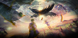  1boy bird bird_girl bird_legs bird_tail black_feathers black_hair blue_capelet blue_hair blurry capelet cloudy.zy commentary depth_of_field dutch_angle english_commentary feathers female final_fantasy final_fantasy_xiv flower flying grass head_wings hermes_(ff14) highres hood hood_down hooded_robe meadow meteion open_mouth outdoors outstretched_arms reflection ripples robe running scenery short_hair sky smile spoilers spread_arms standing tail tree water wide_shot wings 