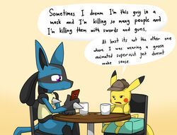  2018 beverage black_body black_fur black_hair blue_body blue_fur coffee dave_(sandwich-anomaly) detective detective_pikachu dialogue digital_media_(artwork) dot_eyes duo electronics english_text feet fingers fur generation_1_pokemon generation_4_pokemon hair lucario male mammal multicolored_body multicolored_fur nintendo phone pikachu pokemon pokemon_(species) purple_eyes sandwich-anomaly simple_background sitting tan_background tan_body tan_fur text toes yellow_body yellow_fur 