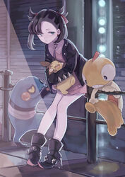  ankle_boots asymmetrical_bangs black_footwear black_hair black_jacket black_nails boots closed_mouth commentary croagunk dress earrings female fence green_eyes hair_ribbon highres holding holding_pokemon inukai_(inu_kai_tai) jacket jewelry marnie_(pokemon) morpeko morpeko_(full) nail_polish open_clothes open_jacket pigeon-toed pink_dress pokemon pokemon_(creature) pokemon_swsh red_ribbon ribbon scraggy sitting smile 