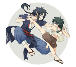  2boys a&#039;gen_(the_legend_of_luoxiaohei) bad_id bad_pixiv_id bare_legs barefoot black_hair blue_pants brown_shorts circle fighting glasses june_mina kicking lanxi_zhen luo_xiaohei_zhanji multiple_boys pants parted_lips profile sandals short_sleeves shorts smile tank_top white_tank_top xuan_li_(the_legend_of_luoxiaohei) 