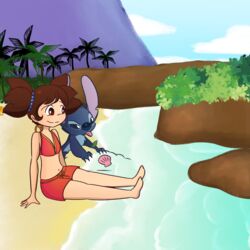  1:1 4_fingers 5_fingers alien ambiguous_gender barefoot beach bikini blue_body blue_claws blue_eyes blue_fur blue_nose brown_eyes brown_hair chest_tuft claws clothing day digital_drawing_(artwork) digital_media_(artwork) disney duo experiment_(lilo_and_stitch) feet female fingers fur hair head_tuft hi_res human leaf lilo_and_stitch long_ears male_(lore) mammal midriff mountain navel notched_ear outside palm_tree plant red_clothing red_swimwear ryuko_rose seashell seaside shell sitting smile stitch! stitch_(lilo_and_stitch) swimwear tongue tongue_out tree tropical tuft water yuna_kamihara 