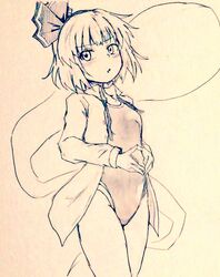  alternate_costume bare_legs bob_cut breasts collared_shirt commentary_request competition_school_swimsuit covered_navel cowboy_shot d-m_(dii_emu) eyelashes female greyscale konpaku_youmu konpaku_youmu_(ghost) looking_at_viewer monochrome one-piece_swimsuit open_clothes open_mouth open_shirt ribbon school_swimsuit shirt short_hair small_breasts swimsuit swimsuit_under_clothes touhou unbuttoned unbuttoned_shirt 