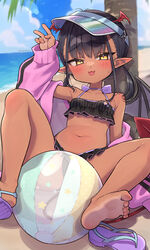  :3 :p ball bare_shoulders barefoot beach beachball bikini black_bikini black_hair blue_sky blush cardigan cloud dark-skinned_female dark_skin day demon_girl demon_tail demon_wings ear_piercing feet female foot_out_of_frame furrowed_brow halterneck head_wings highres lens_flare looking_at_viewer low_twintails mesugaki mini_wings navel ocean oerba_yun_fang on_ground open_cardigan open_clothes original outdoors palm_tree piercing pink_cardigan pointy_ears red_wings sand sandals sandals_removed short_hair short_twintails single_barefoot skin_fang sky soles stomach sweatdrop swimsuit tail tongue tongue_out tree trente tsurime twintails twitter_username v visor_cap water wings yellow_eyes 