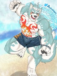  abs anthro asian_mythology beach bottomwear bulge canid canine canis clothing east_asian_mythology hi_res japanese_mythology lifewonders male mammal muscular muscular_anthro muscular_male mythology nipples oguchi_magami_(tas) outside pawpads pecs redmistwolf1 seaside shorts solo swimwear tattoo tokyo_afterschool_summoners wolf 