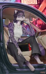  anthro car city clothing crop_top domestic_cat dreadlocks fashionable felid feline felis female hi_res inside_car legend_of_ahya leopard mammal midriff natalia_ruyemov_(darkflamewolf) pantherine purse refegi shirt sitting snow_leopard solo topwear vehicle 