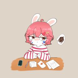  1:1 2024 accessory anthro arms_bent bodypaint brown_eyes bust_portrait cellphone clothed clothed_female clothing colored desk digital_drawing_(artwork) digital_media_(artwork) drawing_(object) electronics english_description eraser eyelashes face_paint fan_character female female_anthro fur furniture hair hair_accessory hairclip hi_res lagomorph lidded_eyes light lighting mammal medium_hair mouth_closed noseless paper pattern_clothing pattern_shirt pattern_topwear pen pen_(object) pey_(peypey_mei1925) peypey_mei1925 phone pink_hair portrait rabbid raving_rabbids rayman_(series) shirt simple_background solo speech_bubble striped_clothing striped_shirt striped_topwear stripes table tan_body tan_eyelids tan_inner_ear tan_skin topwear ubisoft white_body white_clothing white_fur white_shirt white_topwear 