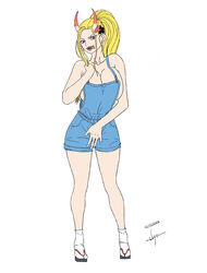  beast_pirates big_breasts black_maria blonde_hair blue_eyes breasts female female_only flower_in_hair hand_on_breast horn horns large_breasts lat_drawings one_piece pulling_hair tongue tongue_out wano_country 