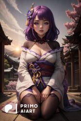  1girls ai_generated bangs cleavage female genshin_impact hair_ornament headdress japanese_clothes kimono kneeling primo_aiart purple_eyes purple_hair raiden_shogun short_hair stable_diffusion thighhighs video_games 