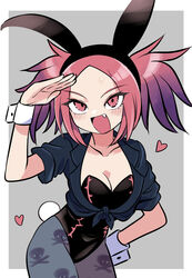  1girls :d blush bunny_ears bunny_tail bunnysuit cleavage cute_fang demon_girl duel_monster fake_animal_ears female hearts leotard pantyhose smile tour_guide_from_the_underworld twintails wbsbism wrist_cuffs yu-gi-oh! 