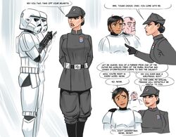  1girls 2boys armor before_sex belt big_breasts black_hair blaster boots clothing digital_media_(artwork) dominant_female female female_domination female_focus flick gloves grey_clothing hat helmet human imperial_officer lipstick makeup male malesub star_wars stormtrooper submissive_male uniform 