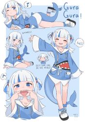  :d a_(phrase) animal_costume animal_hood arm_support blue_background blue_eyes blue_hair blue_hoodie blunt_bangs border character_name commentary cropped_torso drawstring english_text female fins fish_tail full_body gawr_gura gawr_gura_(1st_costume) hair_ornament head_rest highres hololive hololive_english hood hood_down hoodie long_sleeves looking_at_viewer mouth_pull multicolored_hair multiple_views musical_note one_eye_closed shark_girl shark_hair_ornament shark_hood shark_tail sharp_teeth shoes smile spoken_musical_note streaked_hair symbol-only_commentary taigokimi.jpg tail teeth tongue tongue_out two_side_up virtual_youtuber white_border white_footwear white_hair 