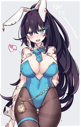  1girls big_breasts blush bunny_ears bunnysuit cleavage clock clothing corset earrings heterochromia hong_lu hong_lu_(limbus_company) jewelry limbus_company long_hair looking_at_viewer necktie ponytail project_moon rule_63 skimpy smile tattoo tattoos thick_thighs thighhighs violet_hair 