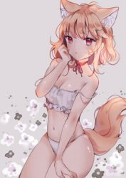  :&lt; animal_ear_fluff animal_ears anyuu bad_id bad_pixiv_id bare_arms bare_shoulders bikini blush borrowed_character breasts brown_hair cat_ears cat_girl cat_tail cleavage commentary extra_ears facial_mark female floral_background grey_background groin hand_up highres indie_virtual_youtuber looking_at_viewer navel parted_lips red_eyes shyrei_faolan small_breasts solo strap_slip swimsuit tail triangle_mouth virtual_youtuber whisker_markings white_bikini 