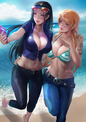  2girls barefoot beach belt bikini bikini_top_only black_hair breasts cellphone cleavage cloud crop_top denim downblouse eyewear_on_head grabbing grey_eyes jacket jeans large_breasts lens_flare light_blush lipstick makeup midriff multiple_girls nami_(one_piece) navel nico_robin ocean one_piece orange_hair outdoors pants phone photoshop_(medium) red_lips selfie sky swimsuit taking_picture tattoo watermark web_address weibo_watermark xixi_(xixihenlan_ing) 