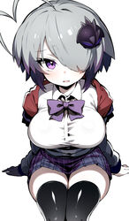  absurdres ahoge asymmetrical_bangs black_thighhighs blush bombergirl breasts collared_shirt dress_shirt female gray_(bombergirl) grey_hoodie hair_ornament hair_over_one_eye highres hood hoodie huge_ahoge large_breasts latex latex_thighhighs long_bangs long_sleeves miniskirt one_eye_covered open_mouth purple_skirt shimejinameko shiny_clothes shiny_legwear shirt short_hair sitting skirt solo straight-on thighhighs thighs white_shirt zettai_ryouiki 