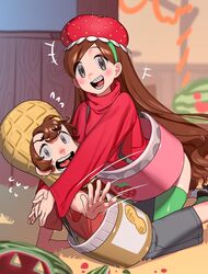  1boy absurdres bad_id bad_twitter_id black_eyes blush braces brother_and_sister brown_hair dipper_pines female gravity_falls green_legwear grey_shorts highres long_hair long_sleeves looking_at_viewer mabel_pines motion_lines nia_(nia4294) open_mouth red_shirt shirt short_hair shorts siblings smile thighhighs twins very_long_hair 