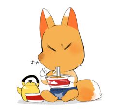  2020 animal_crossing anthro apron blue_apron blue_clothing canid canine clothing crazy_redd digital_media_(artwork) eating food fox hyaku_(artist) japanese_text kettle male mammal nintendo noodles simple_background sitting solo text udon white_background 