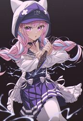  :o absurdres apex_legends baseball_cap blue_hair blue_sailor_collar blush braid choker commentary dagger female frilled_sailor_collar frills hat hat_under_hood high-waist_skirt highres holding holding_dagger holding_knife holding_weapon hololive hood hood_up hope&#039;s_dusk_(apex_legends) jacket knife light_particles long_hair long_sleeves minato_aqua minato_aqua_(sailor) multicolored_hair official_alternate_costume open_clothes open_jacket pantyhose parted_lips pink_hair pleated_skirt purple_eyes purple_hat purple_skirt ribbon_choker sailor_collar skirt solo twin_braids twintails two-tone_hair virtual_youtuber weapon white_jacket white_pantyhose yozora_(1wkdgusdn) 