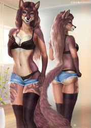  2021 anthro black_bra black_clothing black_nose black_underwear bottomwear bra breasts brown_body brown_fur brown_hair canid canine chessie_(shycyborg) cleavage clothed clothing cutoffs denim denim_bottomwear denim_clothing detailed_background digital_media_(artwork) etskuni eyebrows eyelashes female fox fur hair hi_res hotpants inside legs_together legwear lingerie looking_at_viewer mammal midriff minishorts mirror navel panties plant purple_eyes shorts skimpy slim smile solo standing underwear window 