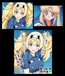  2girls bishoujo_senshi_sailor_moon bishoujo_senshi_sailor_moon_s blonde_hair blue_eyes blue_shirt blush breast_pocket buttons collared_shirt commentary_request crying crying_with_eyes_open derivative_work gambier_bay_(kancolle) hair_between_eyes hairband highres kantai_collection long_hair meme multiple_girls multiple_views open_mouth parody pocket sailor_moon sailor_moon_redraw_challenge_(meme) screenshot_redraw shirt short_sleeves tears translation_request tsukino_usagi twintails upper_body yamasaki_wataru 