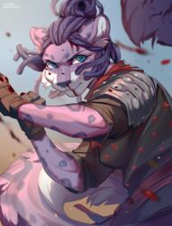  action_pose anthro armor blood blood_on_face bodily_fluids chadzime collaboration domestic_cat dreadlocks dynamic felid feline felis female hi_res legend_of_ahya leopard mammal natalia_ruyemov_(darkflamewolf) nosebleed pantherine paper_demon pose snow_leopard solo warrior 