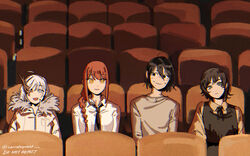  1boy 3girls black_hair black_necktie braid braided_ponytail carrotsprout chainsaw_man commentary creator_connection english_commentary eri_(sayonara_eri) fire_punch fur-trimmed_jacket fur_trim hair_between_eyes highres jacket makima_(chainsaw_man) mole mole_under_eye mole_under_mouth movie_theater multiple_girls necktie nervous red_hair ringed_eyes sayonara_eri school_uniform shirt short_hair sitting smile surya_(fire_punch) sweat togata_(fire_punch) twitter_username white_hair white_shirt yellow_eyes 