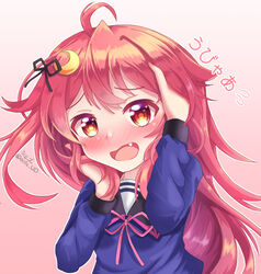  ahoge black_ribbon blue_shirt blush commentary_request crescent crescent_hair_ornament female flying_sweatdrops gradient_background hair_ornament hair_ribbon kantai_collection long_hair long_sleeves looking_at_viewer neck_ribbon nose_blush oerba_yun_fang open_mouth pink_background pink_ribbon red_eyes red_hair ribbon shirt sills solo translation_request twitter_username upper_body uzuki_(kancolle) wavy_hair 