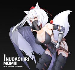  absurdres animal_ears bare_shoulders black_thighhighs breasts cleavage collarbone commentary_request commission cosplay eyelashes female girls&#039;_frontline gun hair_between_eyes handgun hat highres holding holding_gun holding_weapon inubashiri_momiji large_breasts leaning_forward migu_(iws2525) mouth_veil no_panties pixiv_commission red_eyes solo sword tail thighhighs tokarev_(girls&#039;_frontline) tokarev_(girls&#039;_frontline)_(cosplay) tokarev_(griffin&#039;s_dancer)_(girls&#039;_frontline) tokin_hat touhou vambraces veil weapon white_hair wolf_ears wolf_tail 