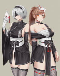  2b_(nier:automata) 2girls absurdres anoreika_tomoe black_blindfold black_hairband black_kimono blindfold breasts brown_hair chest_sarashi collarbone covered_eyes crossover fishnet_thighhighs fishnets gloves goddess_of_victory:_nikke grey_background grey_thighhighs hairband high_ponytail highres holding holding_mask ishikawa_yui japanese_clothes kimono large_breasts long_hair mask multiple_girls nier:automata nier_(series) parted_lips pelvic_curtain rapi_(nikke) red_eyes sarashi short_hair simple_background single_bare_shoulder thighhighs voice_actor_connection white_gloves white_hair 