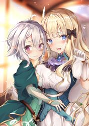  2girls antenna_hair ascot bad_id bad_twitter_id black_bow blonde_hair blue_eyes blunt_bangs blurry blush bow breasts bridal_gauntlets closed_mouth detached_sleeves dress elf flower gloves hair_between_eyes hair_flower hair_ornament hairbow hand_up highres kokkoro_(princess_connect!) large_breasts long_hair long_sleeves looking_at_viewer multiple_girls open_mouth pointy_ears princess_connect! purple_ascot red_eyes rumiko_(rmeco) saren_(princess_connect!) see-through sheer_gloves short_hair small_breasts smile very_long_hair white_gloves white_hair 