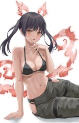  absurdres bare_arms bare_shoulders bikini bikini_top_only black_bikini black_hair blush breasts bright_pupils cleavage commentary en&#039;en_no_shouboutai female frown grey_pants halterneck highres hip_vent long_hair looking_at_viewer medium_breasts navel open_mouth pants sitting solo stomach strap_gap string_bikini swimsuit symbol-only_commentary tamaki_kotatsu twintails v-shaped_eyebrows white_pupils yellow_eyes yj_(yojo_san) yokozuwari 